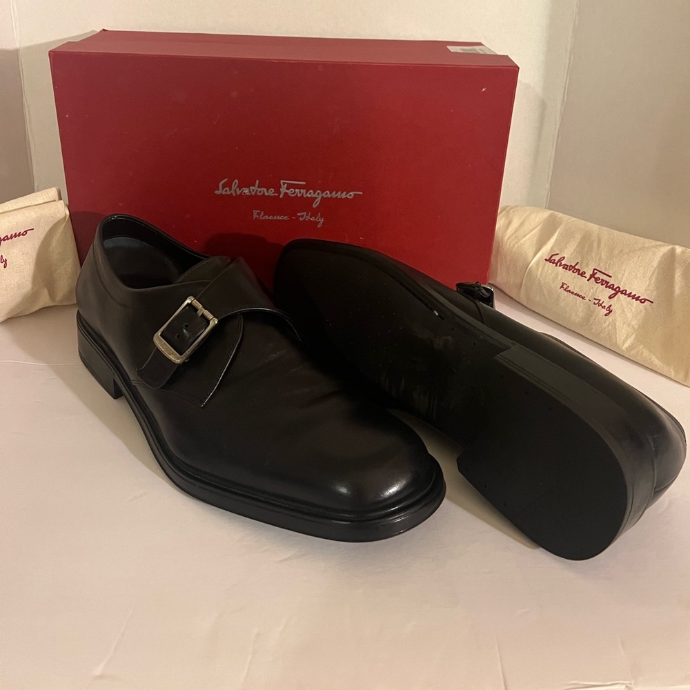 Black farragamos monk strap size 12